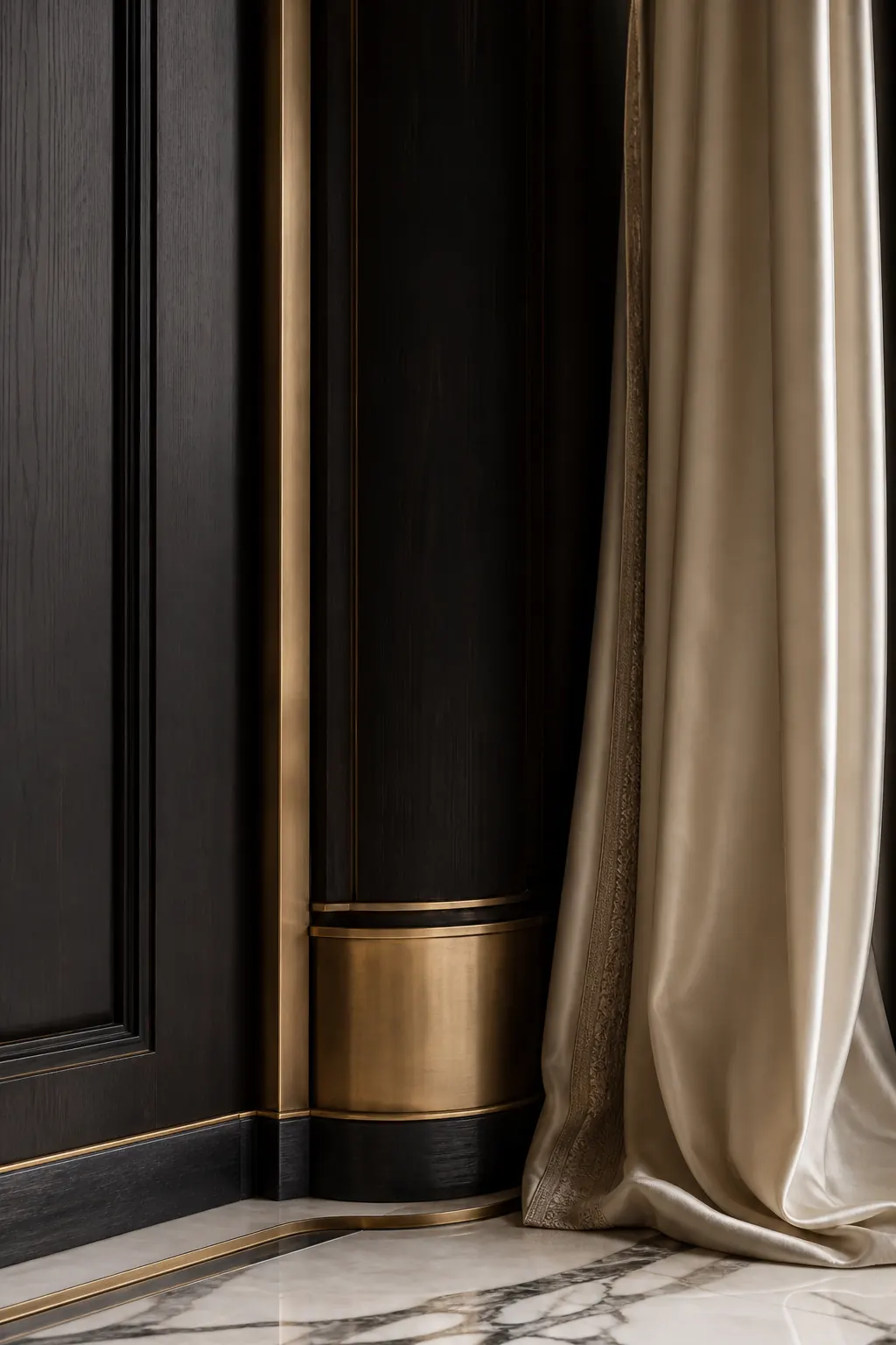 Ebony and brass wallcovering with silk drapery